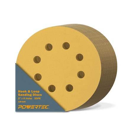 Powertec 5 in. x 8 Holes, 120 Grit, A/O Hook & Loop Sanding Disc, Gold, 50PK 44012G-50